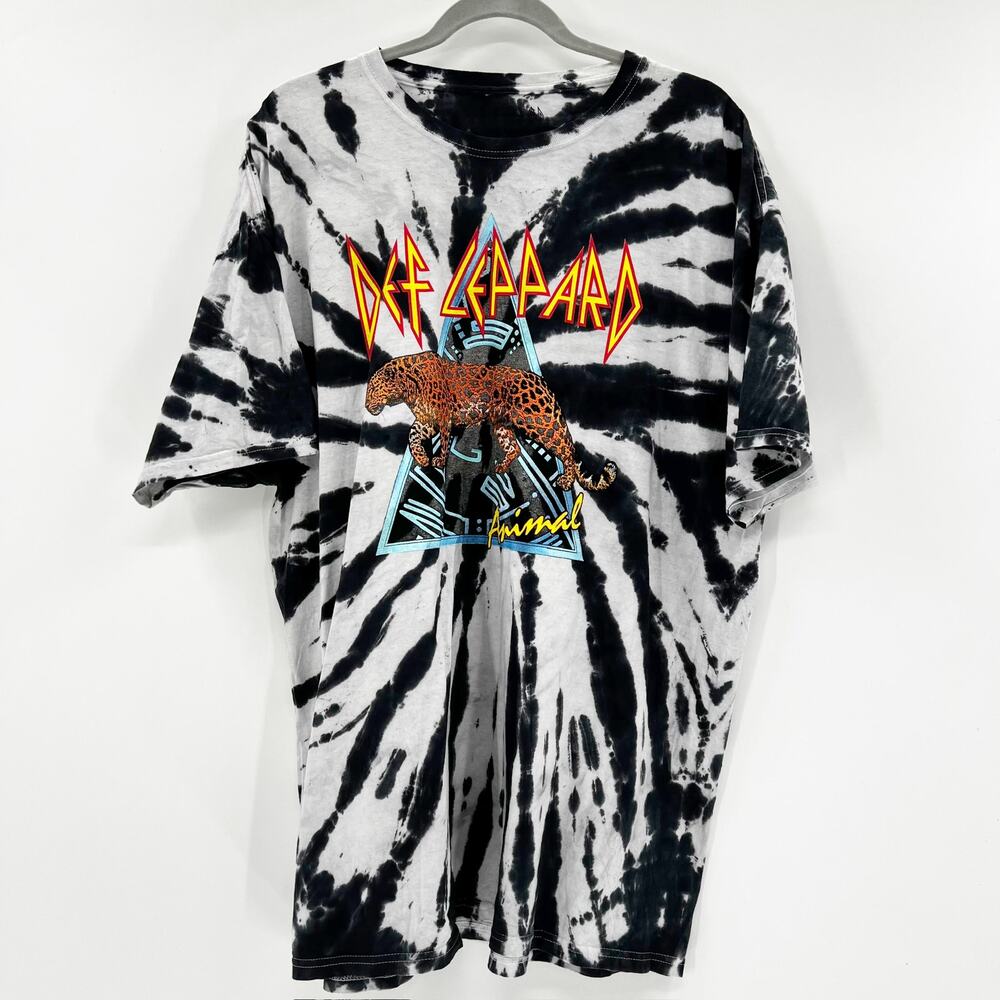 Def‎ Leppard Men's Black White Tie Dye Animal Print Graphic Tee T Shirt Size XL